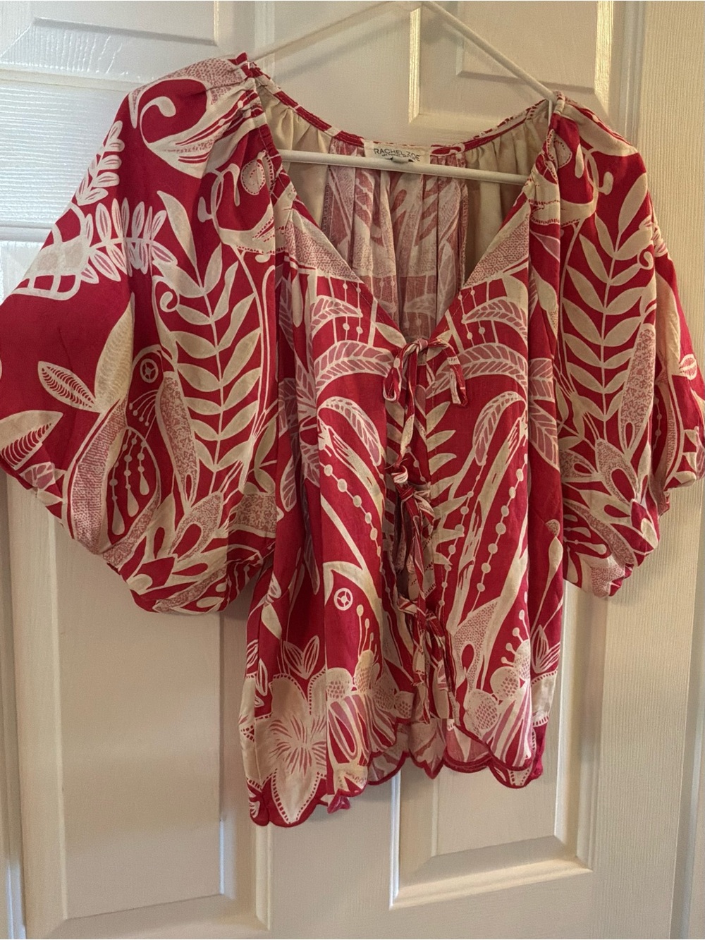 Rachel Zoe Red and Cream Floral Tie-Front Puff Sleeve Blouse